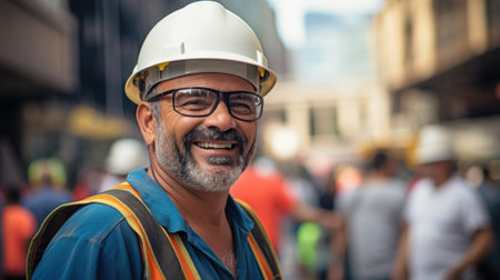 Portrait of Smiling Professional Heavy Industry Engineer / Worker Wearing Safety Uniform and Hard Hat. In the Background Unfocused Large Industrial Factoryの素材