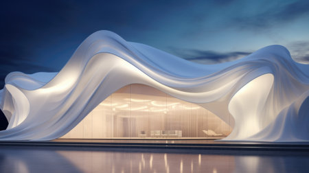Abstract Futuristic Architecture Building Concept. Wave Outdoor Structures. Minimal Futuristic Technology Design.の素材