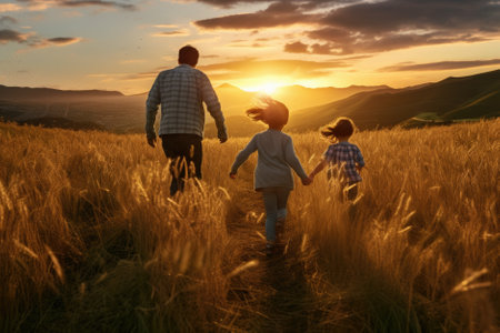 Happy family with two children holding hands of each other and running through wheat field at sunset.の素材