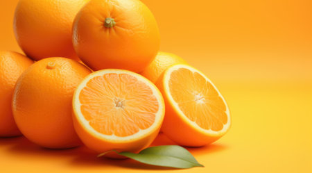 Orange with cut in half and green leaves isolated on orange background.の素材