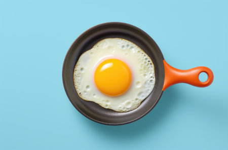 Creative food concept with fried egg on pan over yellow background. Top view. Creative pattern in minimal style. Flat lay. Square crop.の素材