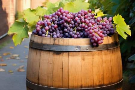 Grapes in a wooden barrel on a background of vineyardsの素材
