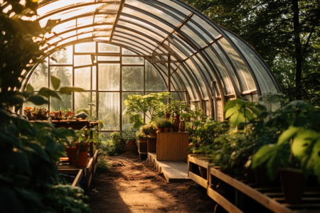 Greenhouse with beautiful plants in botanical garden at sunset time.の素材