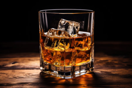 Whiskey with ice on old wooden table. Black background.の素材