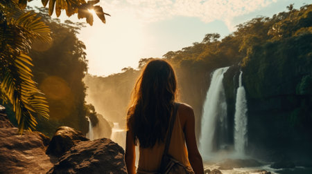 Young happy woman in tourist camp enjoying fresh water waterfall traveling rainforest. Nature day tour, hiking activity adventure and fun on family summer vacation.の素材