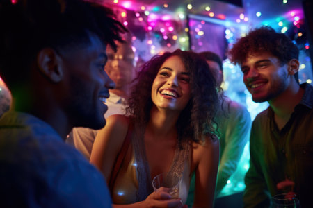 Portrait of cheerful girl with drink at party on background of her friends.の素材