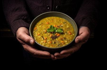 Man's hands holding a bowl of lentil soup on dark backgroundの素材