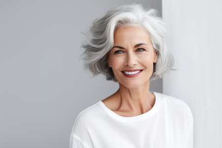 Happiness is an inside job. Portrait of an attractive mature woman in gymwear leaning against a gray wall.の素材