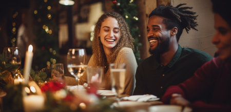 Portrait of happy young couple sitting at christmas table in restaurantの素材