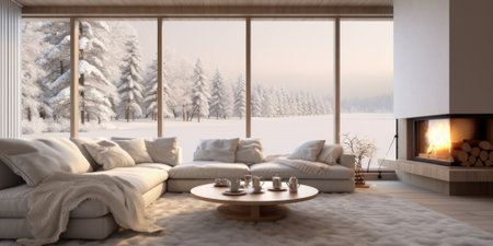 Interior of a modern living room with a panoramic window. 3d renderの素材