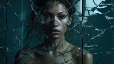 Woman looking through broken glass. Close up image. Calm woman face with opened eyes behind the texture of a broken glass.の素材