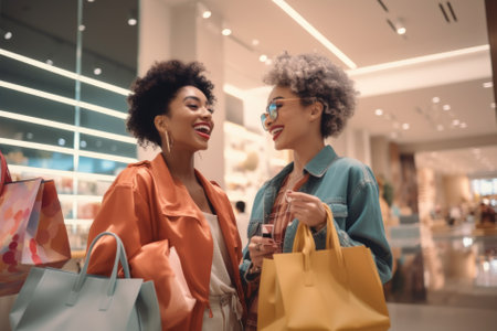 Women in shopping. Two happy women with shopping bags enjoying in shopping, having fun in the city. Consumerism, shopping, lifestyle concept.の素材