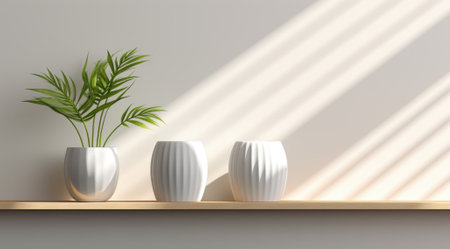 3D render of three white vases with a plant on a shelf in the roomの素材