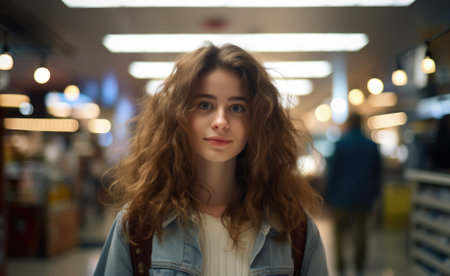 Portrait of a beautiful young woman with long curly hair in the shopping mallの素材