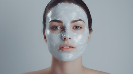 Beautiful young woman with a cosmetic mask on her face, on gray backgroundの素材