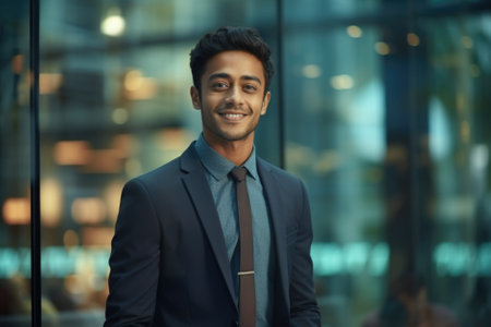 Confident Indian businessman looking at camera standing in modern office . Handsome classy corporation owner. Business portrait.の素材