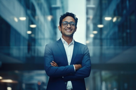 Confident Indian businessman looking at camera standing in modern office . Handsome classy corporation owner. Business portrait.の素材