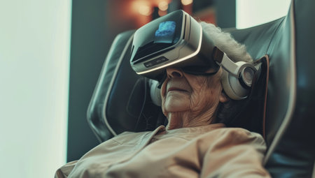 Senior woman with virtual reality headset is stunned by VR experience.の素材
