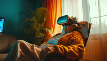 Senior woman with virtual reality headset is stunned by VR experience.の素材