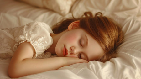 Cute little girl sleeping on bed with soft pillows at home.の素材