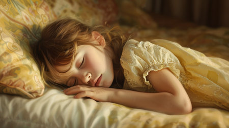 Cute little girl sleeping on bed with soft pillows at home.の素材