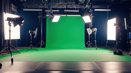 Shooting studio with professional equipment and green screen.の素材