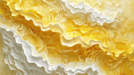 Wave of yellow and white oil brush hand drawn stroke. Abstract varnish splash trace shape. Glossy oil paint smear long line.の素材