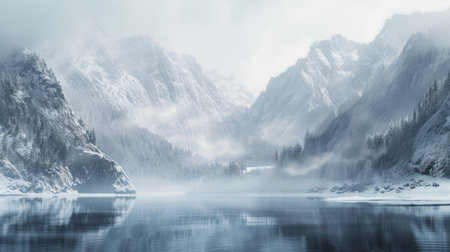 Winter panoramic landscape with scenic frozen mountain lake and clear blue sky.の素材