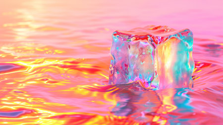 An ice cube in the rainbow lighting. Multicolor.の素材