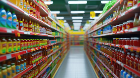 Abstract supermarket aisle with colorful shelves and unrecognizable customers as background.の素材