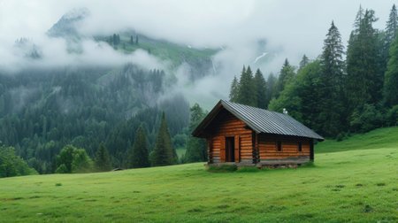 old wooden hut cabin in mountain alps at rural fall landscape.の素材