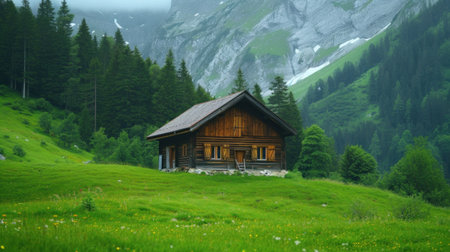old wooden hut cabin in mountain alps at rural fall landscape.の素材