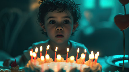 Adorable happy blond little kid boy celebrating his birthday. Child blowing candles on homemade baked cake, indoor. Birthday party for school children, family celebration.の素材