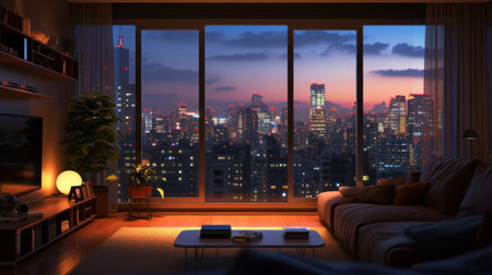 Loft contemporary interior apartments with city skyline and buildings city from glass window.の素材
