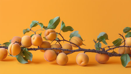 Ripe apricots. many apricot fruits on a tree on orange background. Organic fruits. Healthy food.の素材