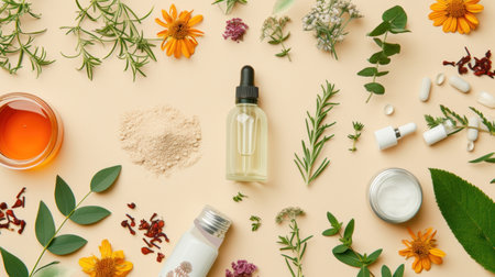 Aroma essential oil. Top view dropper bottle among colourful dried flowers, medicinal herbs variety. Natural cosmetic and skincare, herbal miscellany.の素材