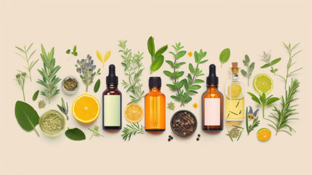 Aroma essential oil. Top view dropper bottle among colourful dried flowers, medicinal herbs variety. Natural cosmetic and skincare, herbal miscellany.の素材