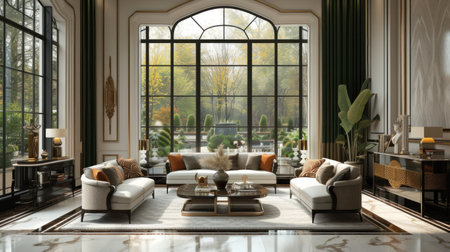 Interior of light living room with grey sofas, coffee table and large window.の素材