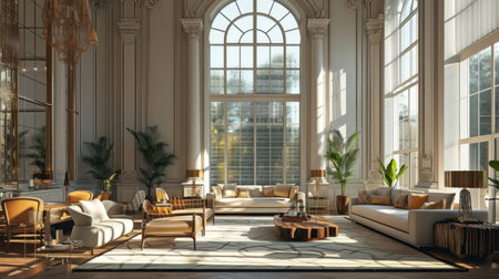 Interior of light living room with grey sofas, coffee table and large window.の素材