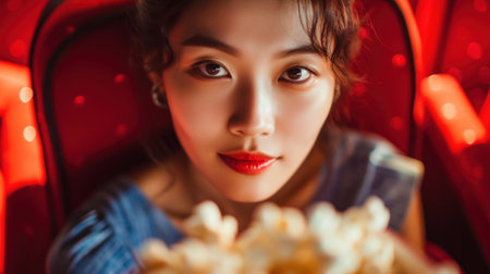 Singgle middle age asian woman looking to movie screen in cinema theater with red seat and light from a projector machine background with popcorn.の素材