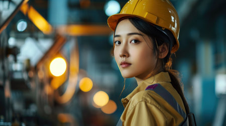 Portrait, Asian woman engineer. Face, female employee and manager with hard hat, vest and construction inspector.の素材