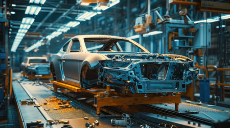 Movement of vehicles along the production line at the plant. Car Assembly shop. Car Assembly by parts.の素材