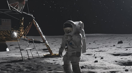An astronaut standing on the surface of the moon looking up to the earth on the background.の素材