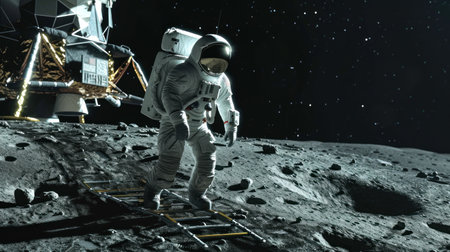 An astronaut standing on the surface of the moon looking up to the earth on the background.の素材