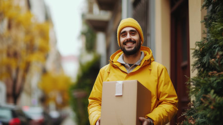 Delivery man in yellow uniform holding cardboard boxes with a friendly smile, ready for fast service.の素材