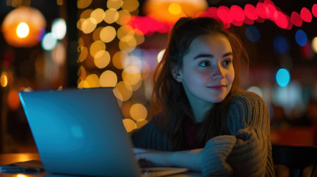 Attractive woman with using laptop while sitting inn cafeteria. In background bokeh effect.の素材