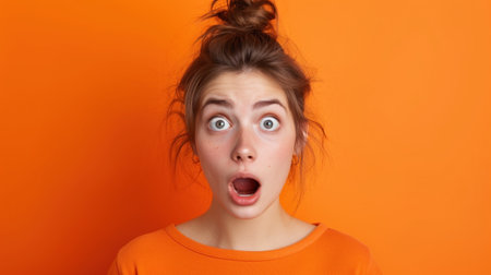 Portrait of attractive amazed girl sudden incredible news reaction wow isolated over bright orange color background.の素材