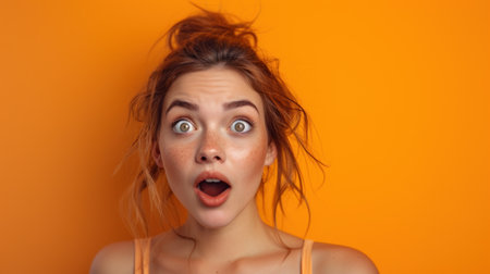 Portrait of attractive amazed girl sudden incredible news reaction wow isolated over bright orange color background.の素材