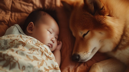 Newborn baby and a dog sleeping together.の素材