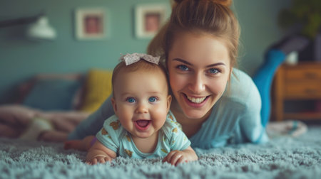 Happy family. Laughing mother lifting her adorable newborn baby.の素材
